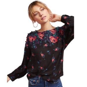 Maeve Anthropologie Gardenia Boat Neck Rose Longsleeve Blouse